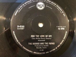 Mamas And Papas - Rare Aussie Rca 45 " For The Love Of Ivy " 1968 Ex