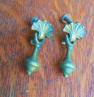 Two Antique Fancy Brass Acanthus Leaf Cabinet Pulls With Tear Drops C1885