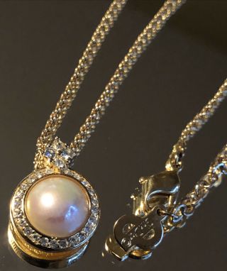 Vintage Christian Dior Gold Tone Necklace Rhinestone Faux Pearl Pendant