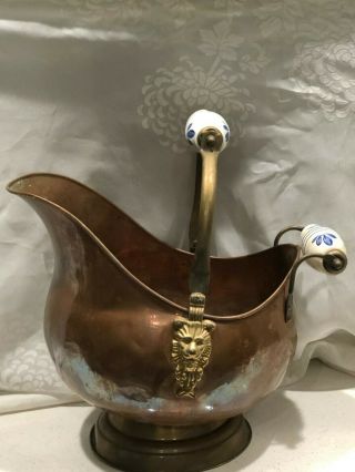 Vintage Dutch Copper Brass Ash Bucket Old Delft Handles