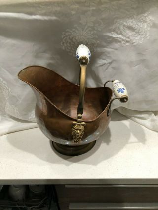 Vintage Dutch Copper Brass Ash Bucket Old Delft Handles 2