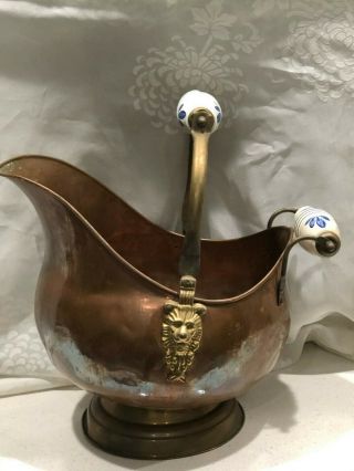 Vintage Dutch Copper Brass Ash Bucket Old Delft Handles 3