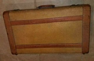 Vintage Tan Tweed Leather Striped 24 " L Suitcase 1940s Old Luggage Antique
