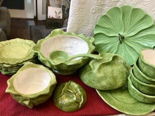 Vintage Green Cabbage Ceramic Soup Salad And Appetizer Bowls Plates Ladle Set