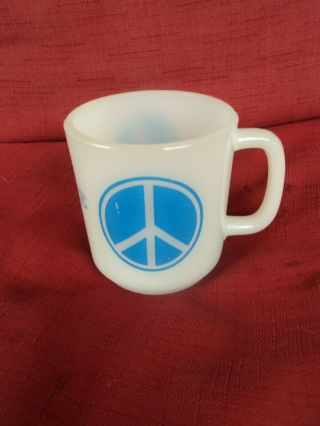 Vintage 70s Milk Glass Peace Sign Dove White Blue Coffee Tea Mug Cup