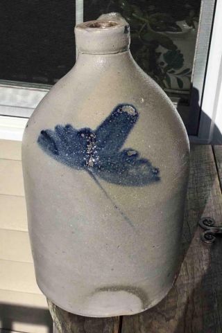 Antique Stoneware 1 Gal Salt Glazed Jug Blue Cobalt Floral Flower Applied Handle