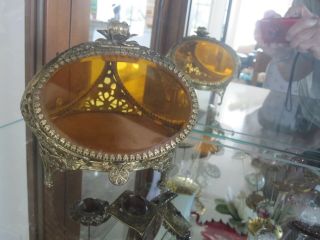 Vintage Brass Filigree Ormolu Jewelry Casket Trinket Box Beveled Peach Glass