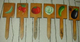 6 Vtg/antique Handmade Wooden Painted W Vegetable Planting Markers