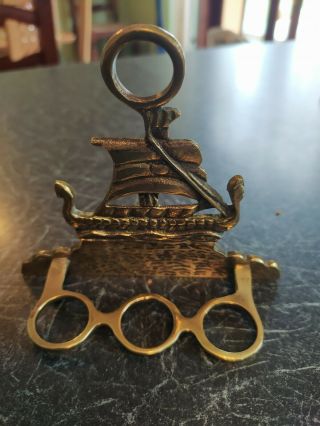 Vintage Brass Pipe Holder With Viking Ship Decoration