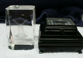 Glass Laser Etched Windmill Prism Paperweight W/multicolored Lighted Stand