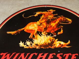 Vintage Winchester Western Horse Man Gun 11 3/4 Porcelain Metal Hunting Gas Sign