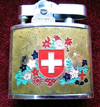Vintage Crown Swiss Petrol Cigarette Lighter In Good Order Enamelled
