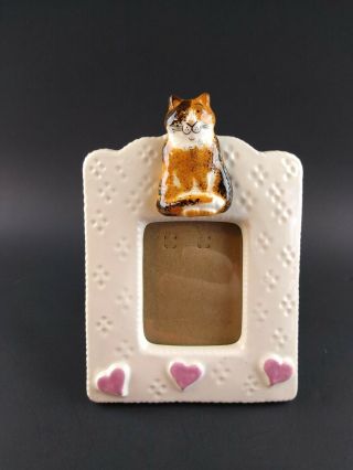 Vintage Ceramic Picture Frame With Calico Cat And Hearts Small Tabletop Frame