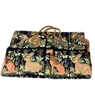 Vintage Tapestry Garment Bag Dog Bird Carpet Folding Leather Handles Zip Travel 2