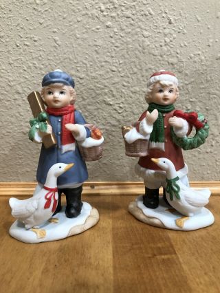 Vintage Homco Figurines - Boy And Girl Bearing Christmas Gifts With Geese