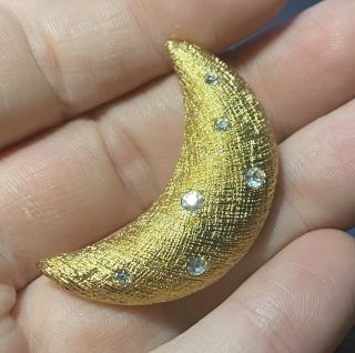 Christian Dior Vintage Gold Tone Crescent Moon Crystal Stones Brooch Pin