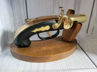 Vintage Pistol Gun Brass Wood With Stand Cigarette Cigar Lighter