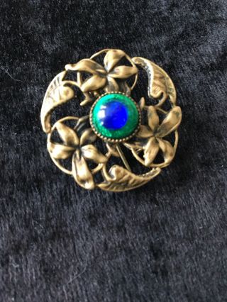Arts And Crafts Fishel Nessler ? Antique Peacock Eye Foil Glass Gilt Pin Brooch