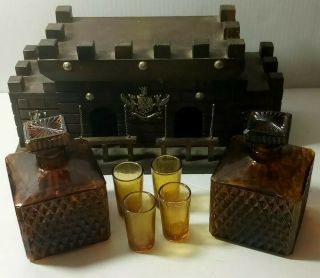 Vintage Wooden Castle Decanter Set 1970s Medieval Barware Liquor Box Bottles. 3