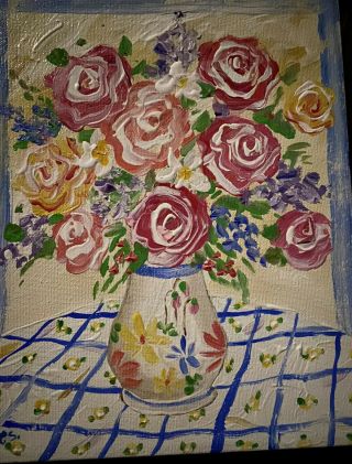 Vtg Orig Painting Canvas Floral 10x8 Signed Linda Sanfilippo Mehrabain 1995 Ca