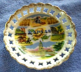 Vintage Kansas State Souvenir Decorative Plate 4.  5 " Gold Trim