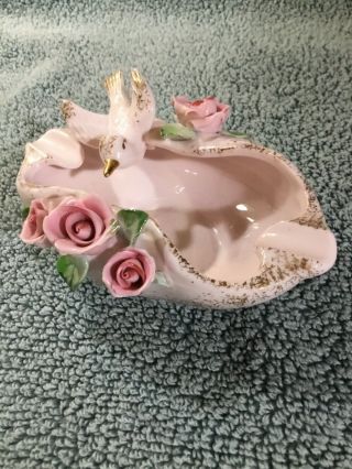 Vintage 1950’s Lefton Porcelain Hand Painted Pink Ashtray With Bird Roses Gold