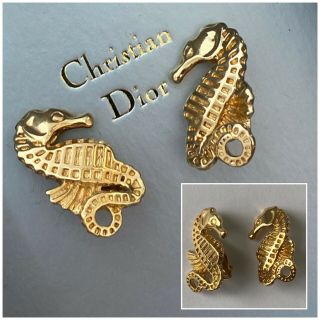 Vintage Rare Christian Dior Signed 18ct Gold Plated Seahorse Earrings