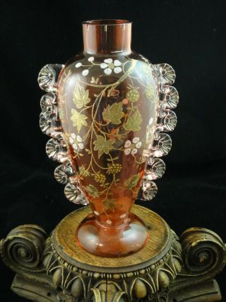 Antique Bohemian Cranberry Hand Painted Enamel Strawberry Blossom Art Glass Vase