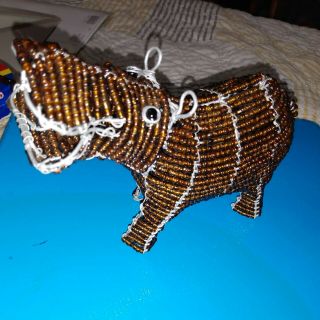 Vintage African Beaded Hippo Glass Bead Wire Folk Art Figure Gold Multi Color