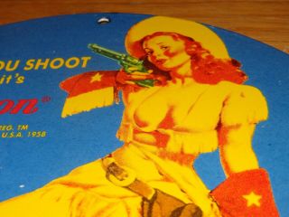 Vintage 1958 Remington Female Woman Shoots 11 3/4 " Porcelain Metal Gas Oil Sign