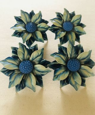 Vintage Enamelware Curtain Tie Backs Flower Push Pin Blue Set Of 4