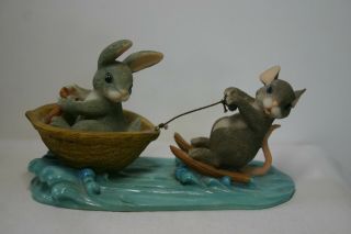 Charming Tails " A Day At The Lake " Bunny In Walnut Boat & Mouse Skiing Figurine