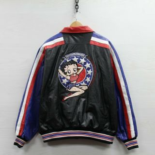 Vintage Excelled Betty Boop Leather Bomber Jacket Size 2xl 90s Usa Flag