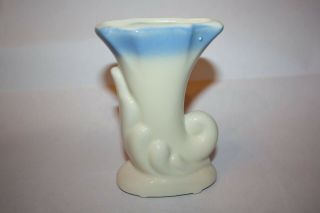 Vintage Usa Pottery Cornucopia Vase/planter,  White & Blue Ceramic
