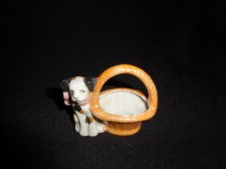 Occupied Japan Vintage Miniature Dog With Basket Trinket