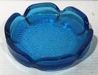 Vintage Cobalt Blue Glass Ashtray 5 3/4 " Dimpled Bottom Round Scallop