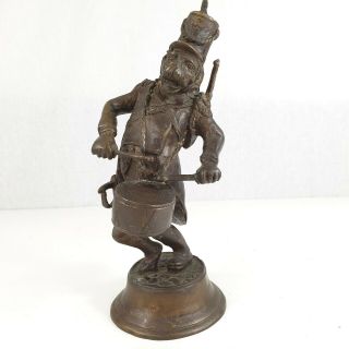 Unusual Vintage Bronze Figure Of A Monkey Soldier Drumming Indian? 21cm 900g