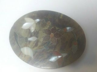 Soapstone Oval Vintage Jewelry Trinket Box Mother Of Pearl Flower Inlay India 4 "