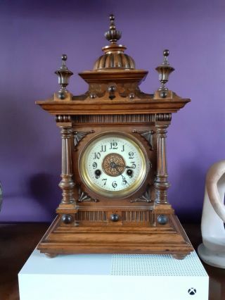 Victorian Black Forest Golden Oak 14 Day Mantle Clock By H.  A.  C.
