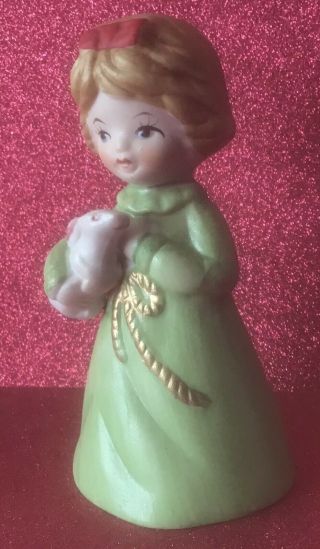 Vintage 1978 Jasco Merri - Bells Girl In Green Dress With Bunny Figurine Christmas