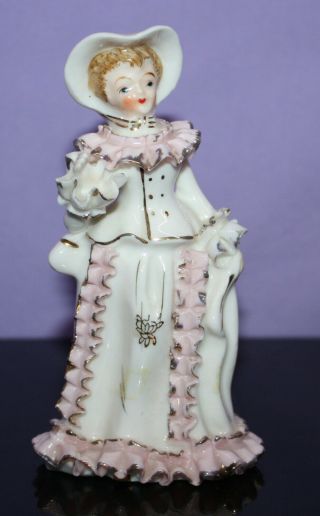 Vintage Porcelain Figurine Lady Hand Painted Pink And Gold Tone Trim 5 " Tall
