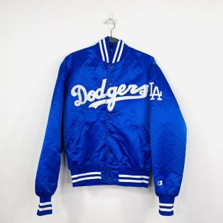 Vintage La Dodgers Starter Bomber Jacket Mlb Baseball Blue Satin Varsity Size L