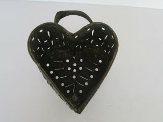 Antique 19th Century Punched Tin Figural Heart Footed Cheese Strainer Mold
