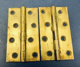 2 Vintage Heavy Brass Door Hinges.  4 Hole - Solid.  Salvage.