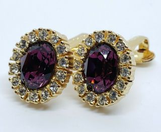 Vintage Signed Christian Dior Crystal Rhinestone & Amethyst Crystal Gem Earrings