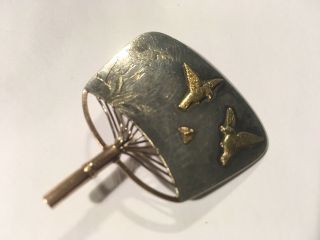 Antique Vintage Victorian Silver And Gold Fan Pin With Birds