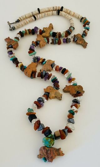 Large Vintage Native American Heishi Shell Turquoise Stone Fetish Bear Necklace