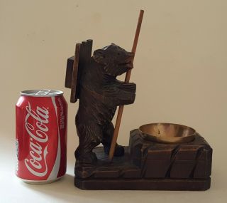 Black Forest carved oak wood bear vintage Victorian antique match box holder 2