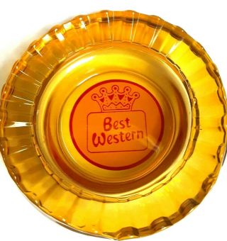 Vintage Best Western Motels Advertising Souvenir Amber Glass 4 " Round Ashtray