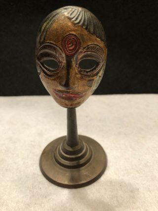Vtg Brass Mardi Gras Tribal Brass Mask On Stand; Hand Painted India